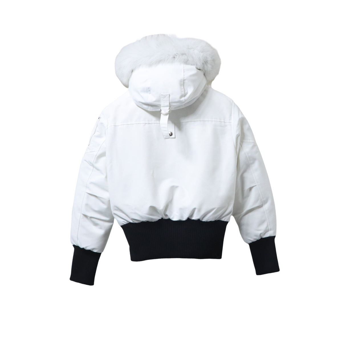 Moose Knuckles White Ballistic Bomber Jacket with Fur Trim