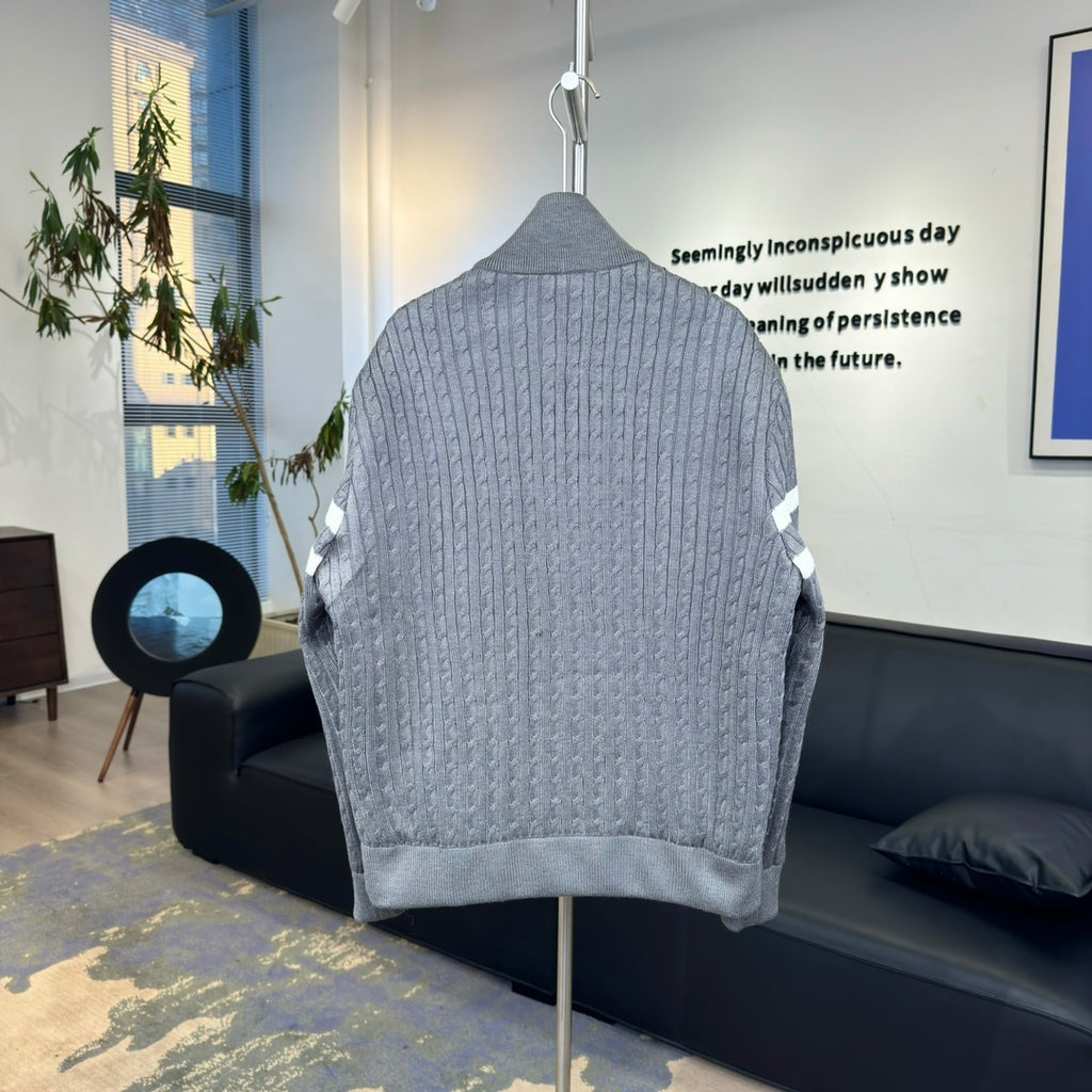 Moncler Grey Down Hybrid Knit Jacket Striped Sleeves