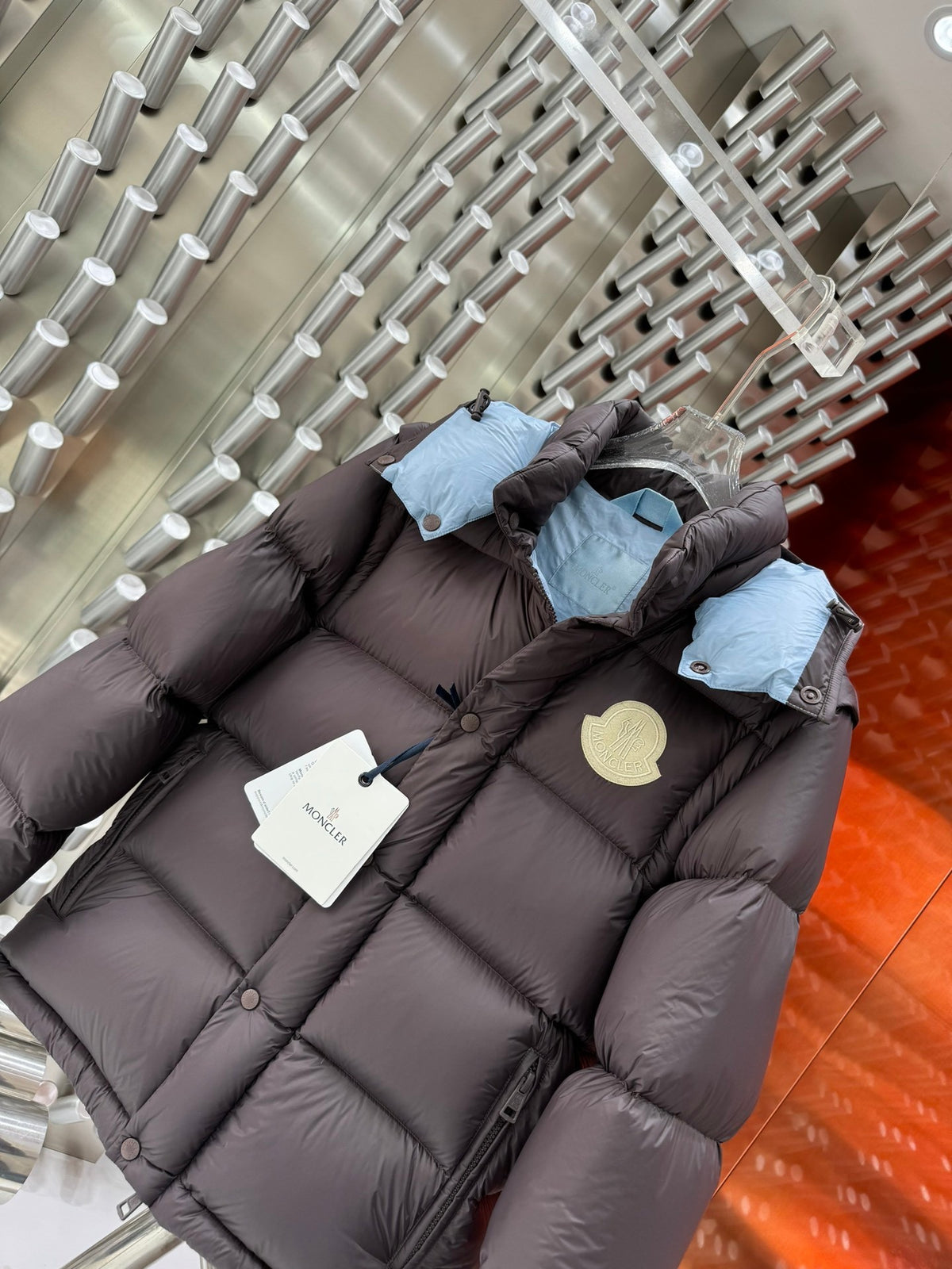 Moncler Chocolate Brown Quilted Down Jacket Powder Blue Hood