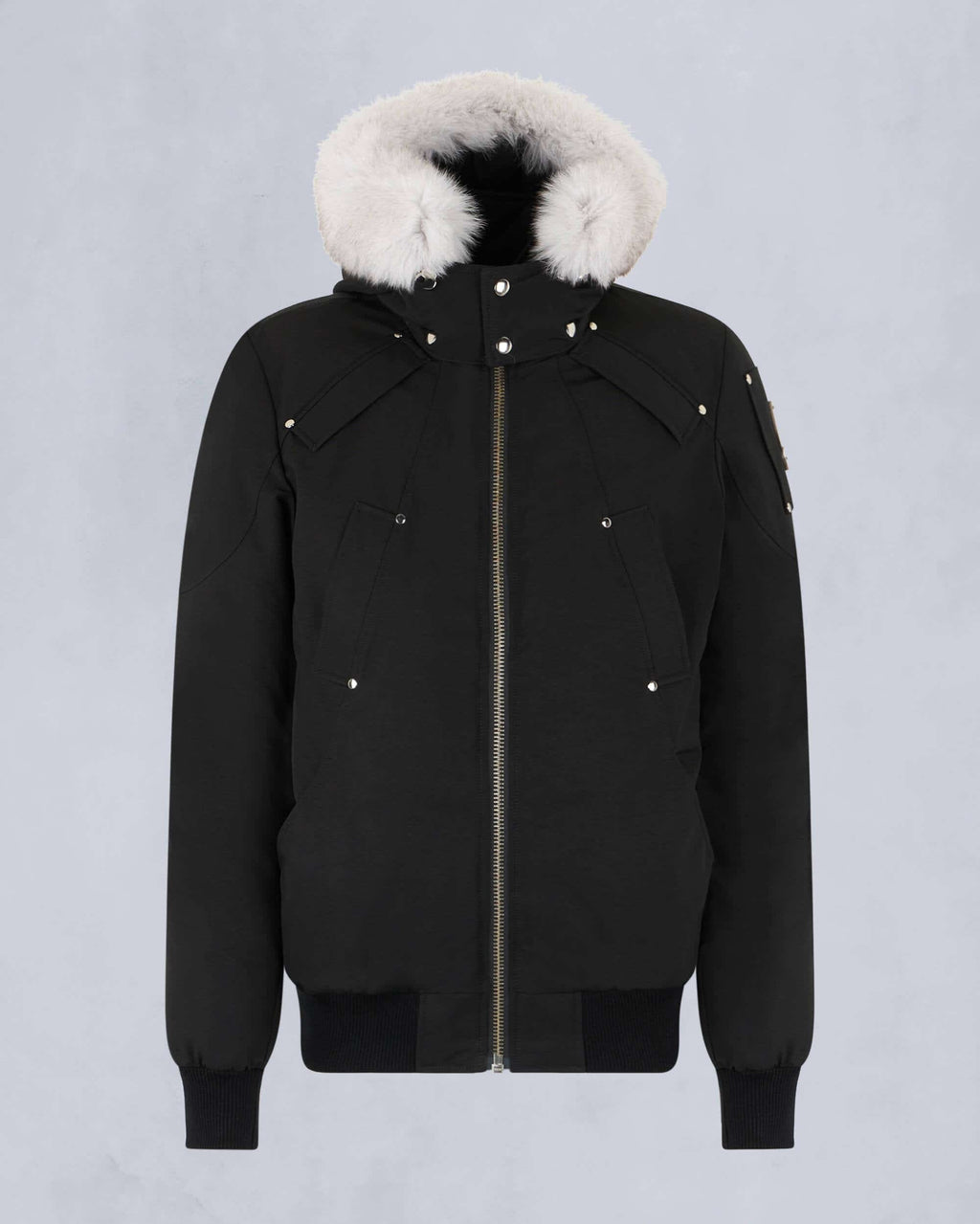 Moose Knuckles Black Ballistic Bomber Jacket with White Fur Trim