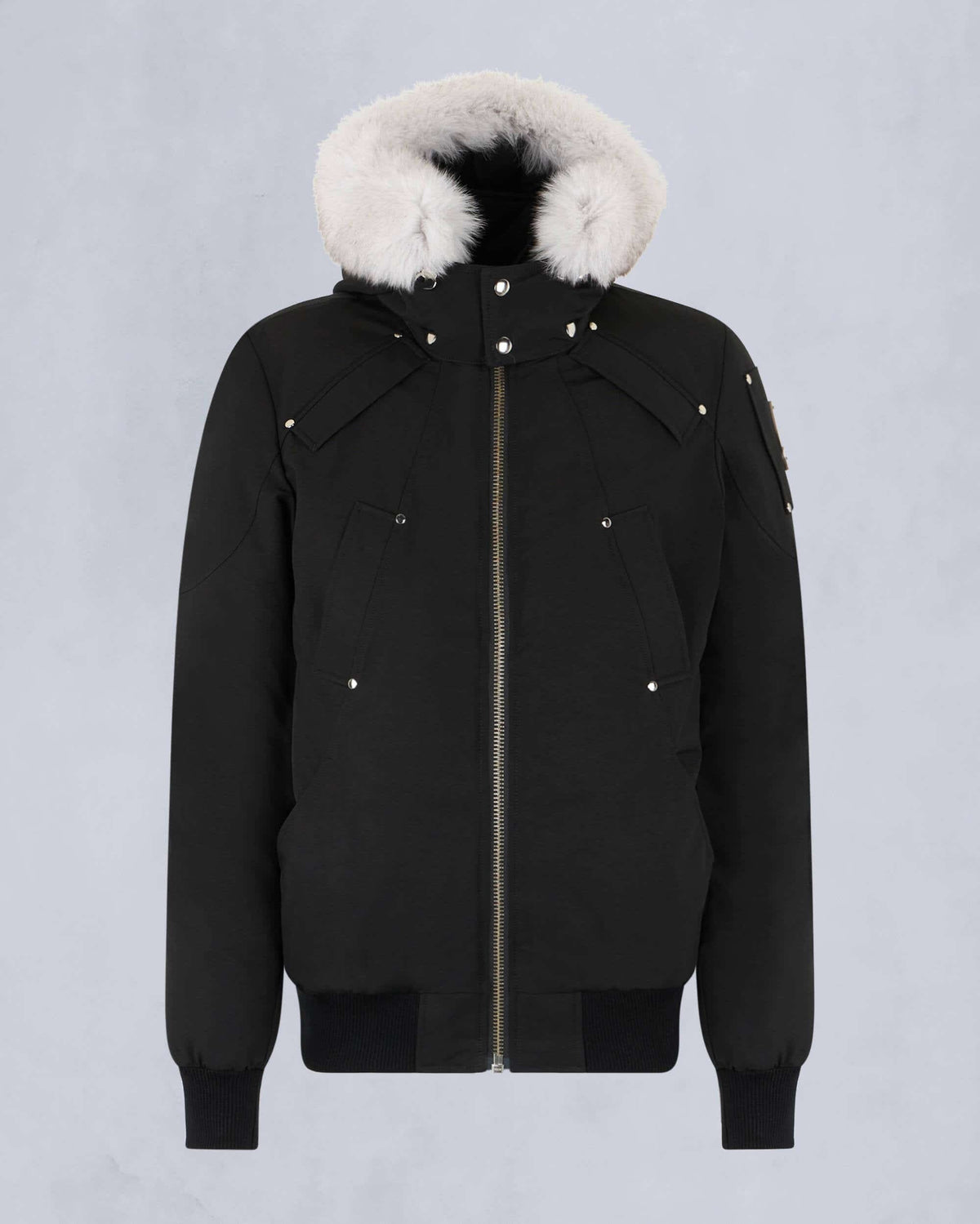 Moose Knuckles Black Ballistic Bomber Jacket with White Fur Trim