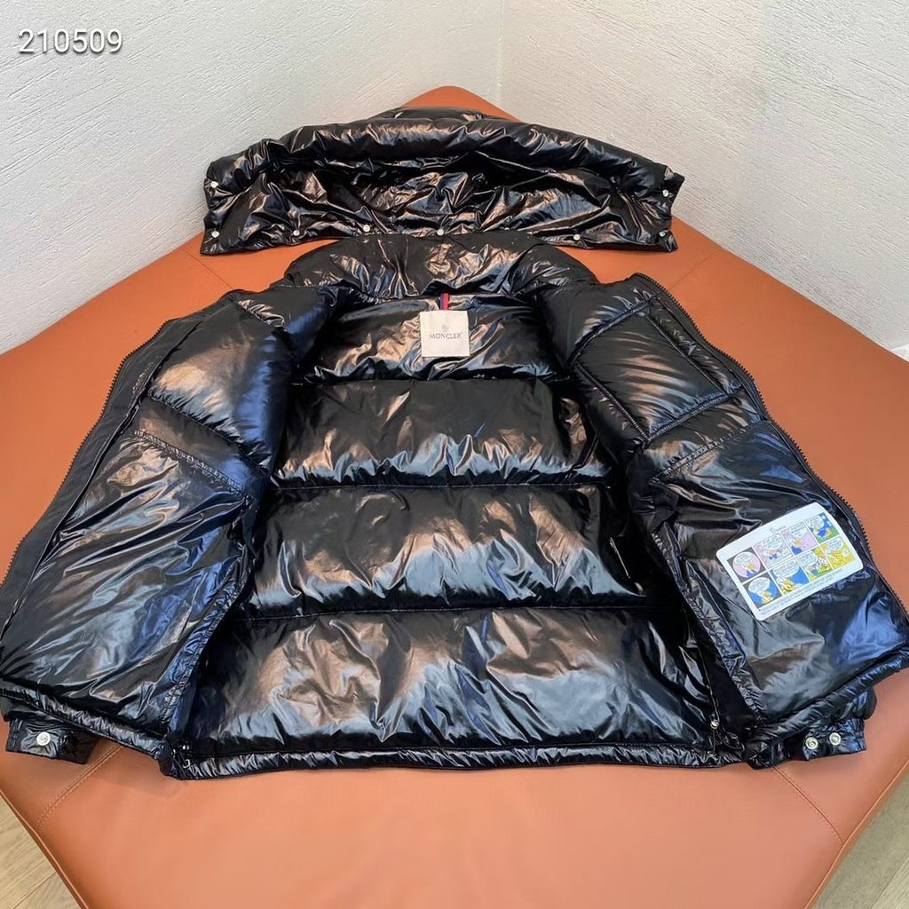 Moncler Black Maya Glossy Down Jacket Tricolor Stripe