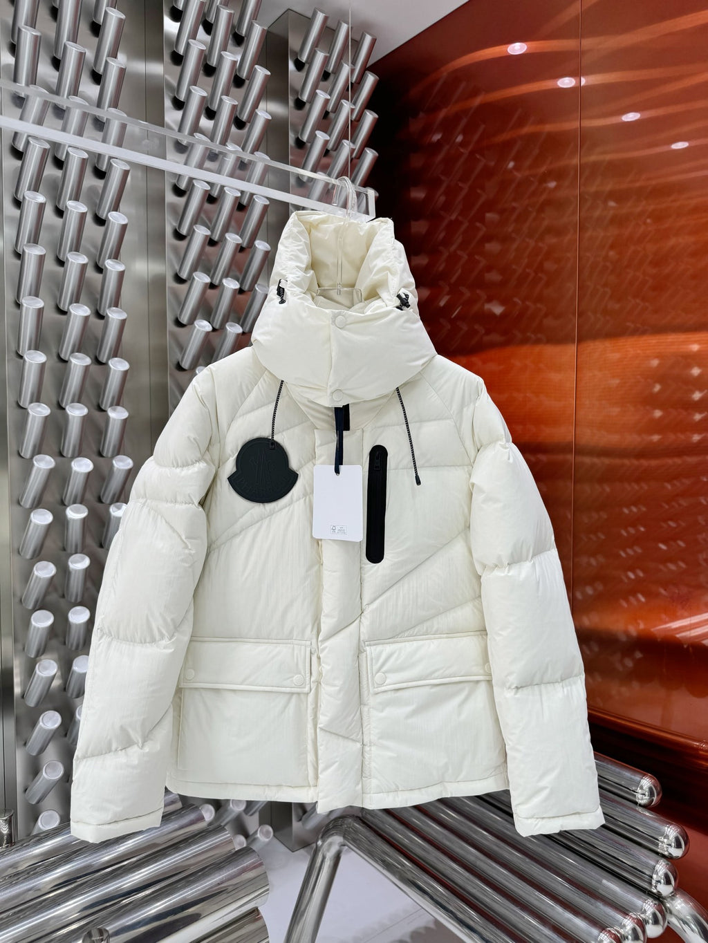 Moncler White Glossy Oversized Hooded Down Jacket