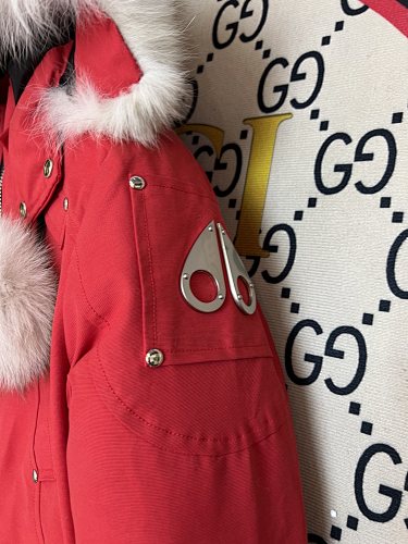 Moose Knuckles Red Ballistic Parka White Fur Gold Hardware