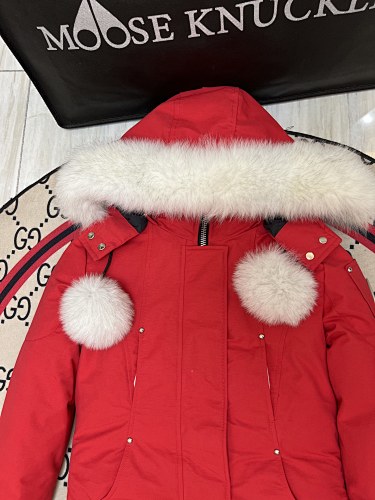 Moose Knuckles Red Ballistic Parka White Fur Trim