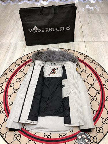 Moose Knuckles White 3Q Parka Grey Fur Black Hardware