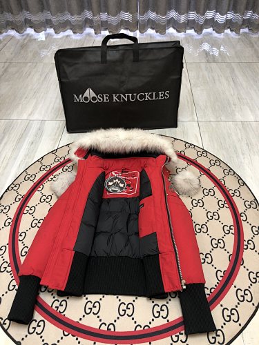 Moose Knuckles Red Ballistic Parka White Fur Gold Hardware