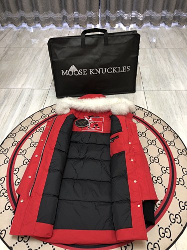 Moose Knuckles Red Ballistic Parka White Fur Trim