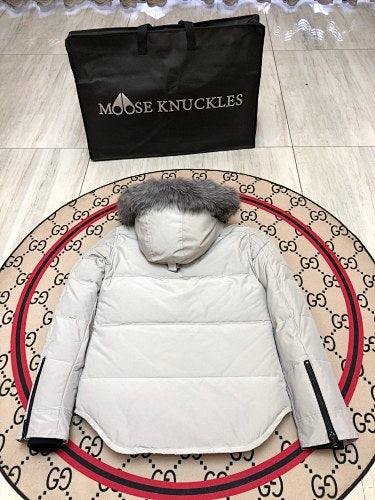 Moose Knuckles White 3Q Parka Grey Fur Black Hardware