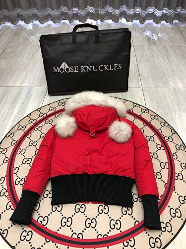 Moose Knuckles Red Ballistic Parka White Fur Gold Hardware