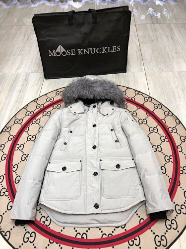 Moose Knuckles White 3Q Parka Grey Fur Black Hardware