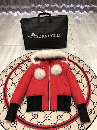 Moose Knuckles Red Ballistic Parka White Fur Gold Hardware