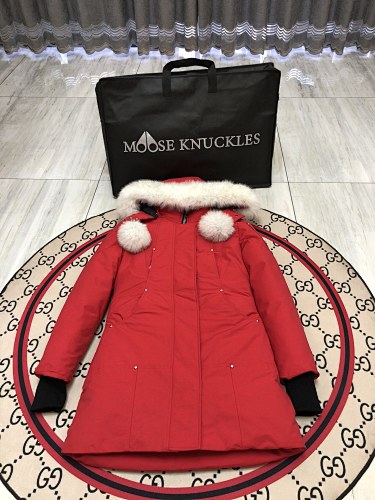 Moose Knuckles Red Ballistic Parka White Fur Trim