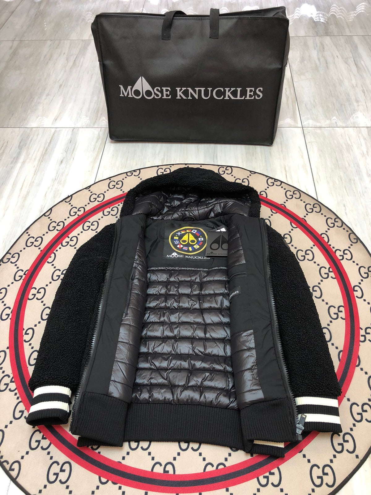Moose Knuckles Charcoal Sherpa Hoodie Striped Cuffs