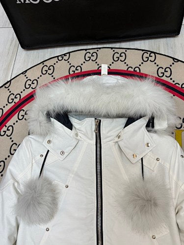 Moose Knuckles White Ballistic Parka White Fur Trim