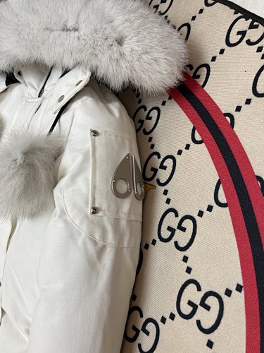 Moose Knuckles White Ballistic Parka Grey Fur Trim