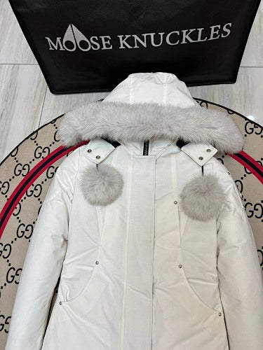 Moose Knuckles White Ballistic Parka Grey Fur Trim