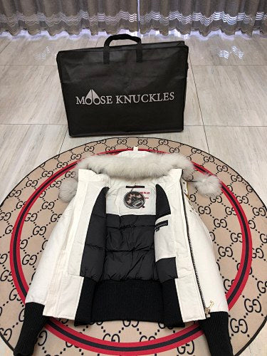 Moose Knuckles White Ballistic Parka White Fur Trim