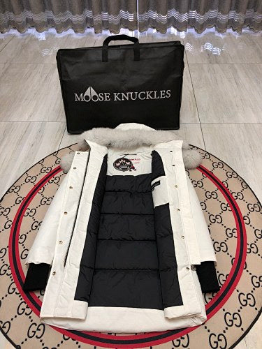 Moose Knuckles White Ballistic Parka Grey Fur Trim