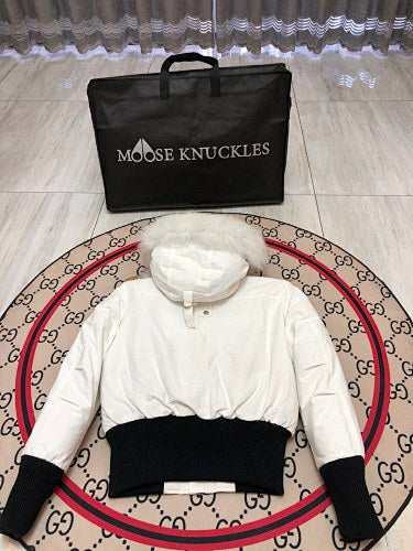 Moose Knuckles White Ballistic Parka White Fur Trim
