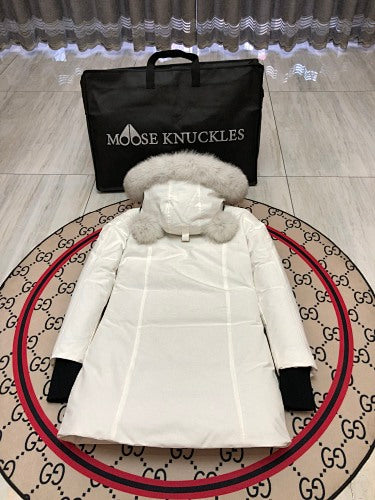 Moose Knuckles White Ballistic Parka Grey Fur Trim