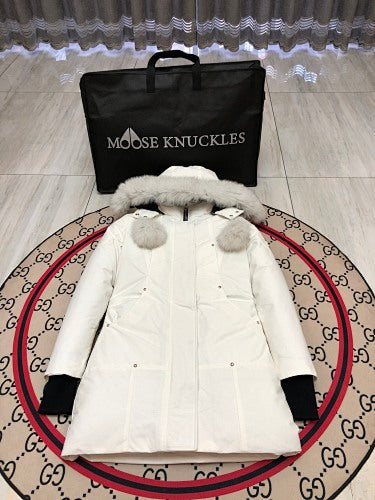 Moose Knuckles White Ballistic Parka Grey Fur Trim
