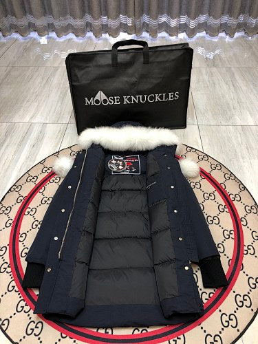 Moose Knuckles Navy Ballistic Parka White Fur Trim