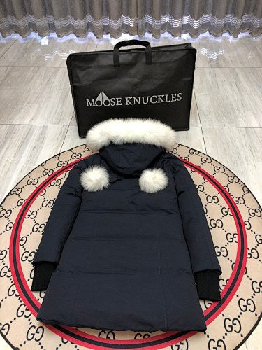 Moose Knuckles Navy Ballistic Parka White Fur Trim