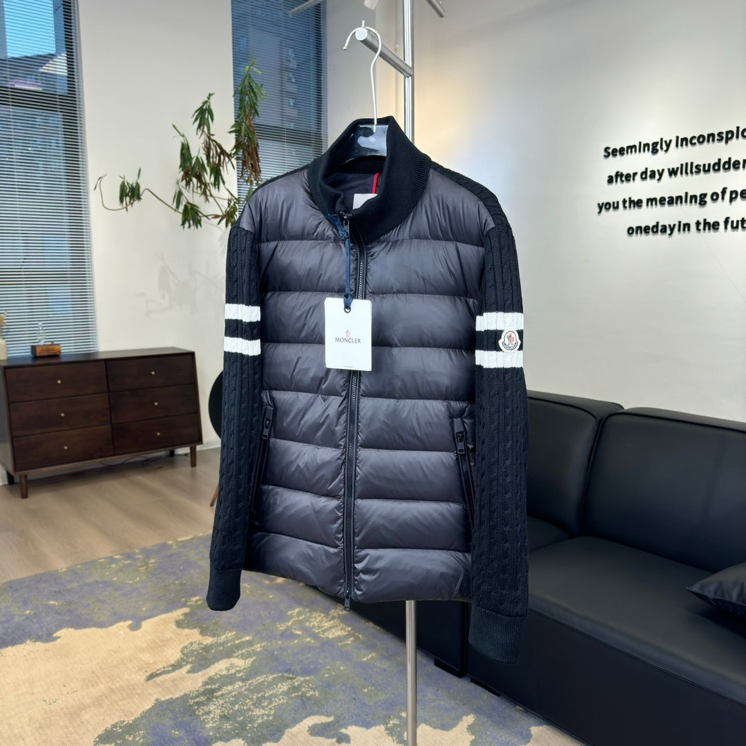 Moncler Black Down Hybrid Knit Jacket Striped Sleeves