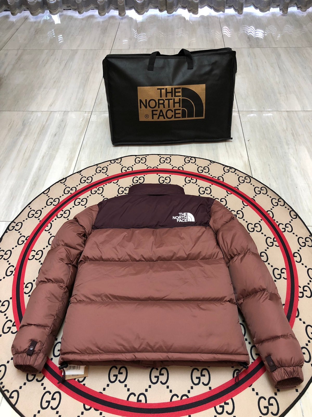 The North Face Brown Nuptse 700-Fill Down Jacket Burgundy Colorblock