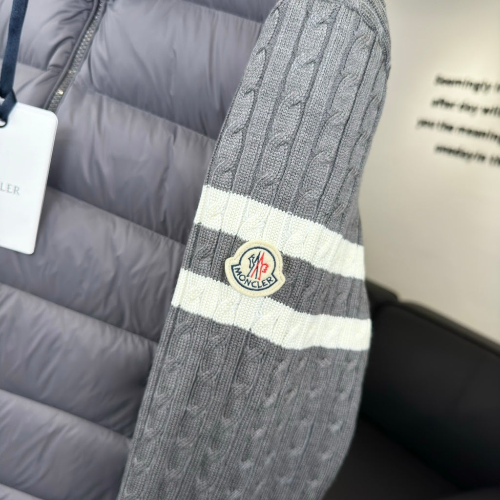 Moncler Grey Down Hybrid Knit Jacket Striped Sleeves
