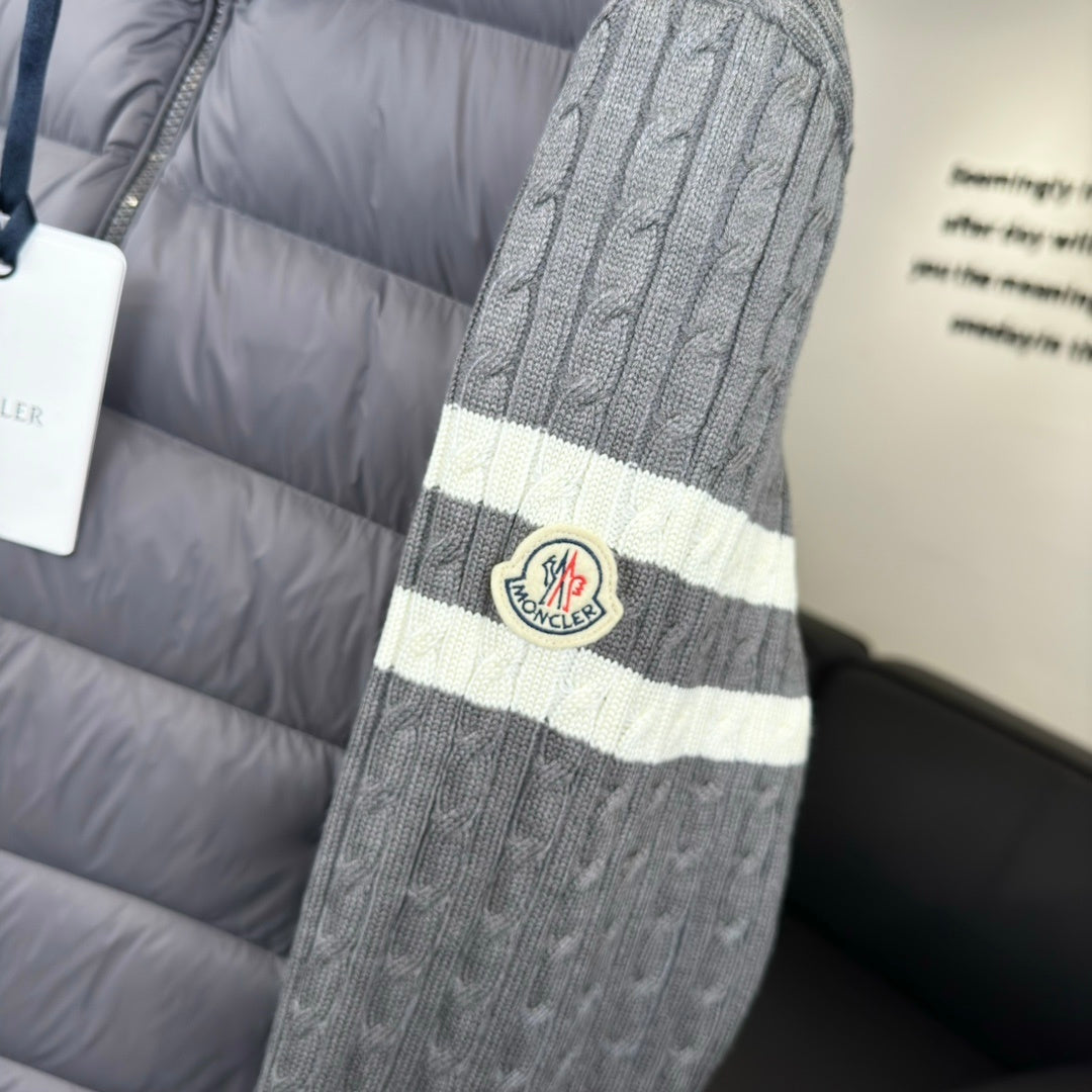 Moncler Grey Down Hybrid Knit Jacket Striped Sleeves