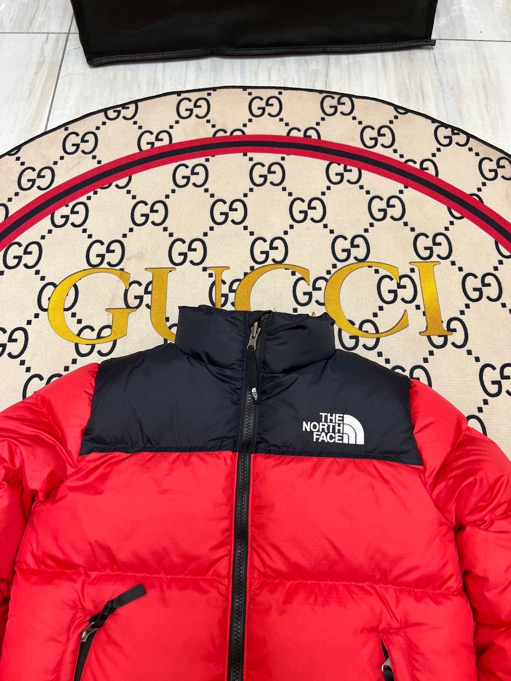 The North Face Red Nuptse 700-Fill Down Jacket Black Colorblock