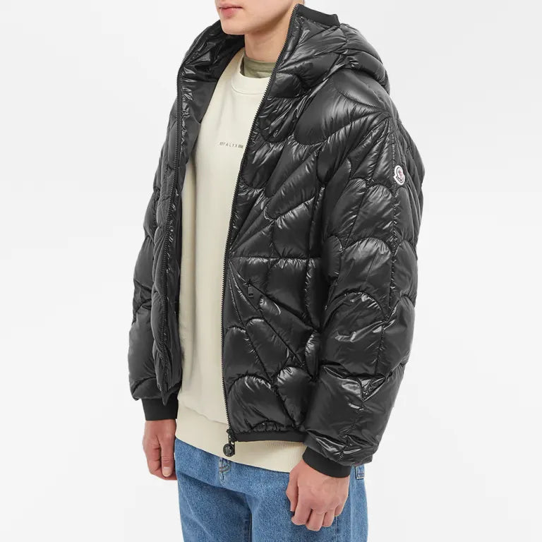 Moncler Black Spider Web Quilted Hooded Down Jacket