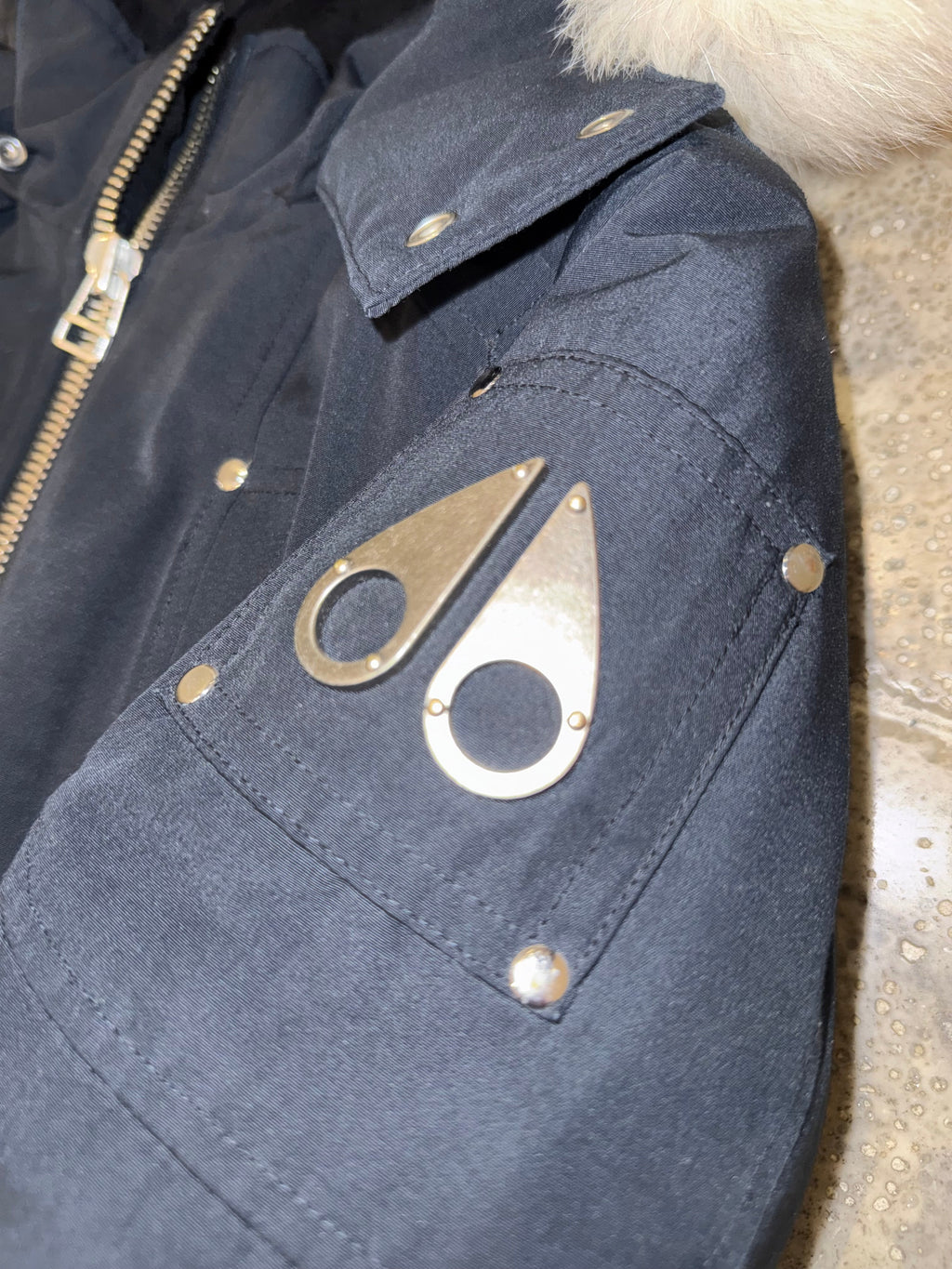 Moose Knuckles Navy Ballistic Bomber Jacket with White Fur Trim