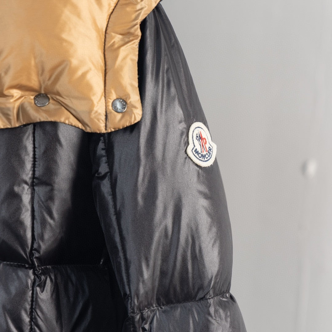 Moncler Black Glossy Down Jacket Camel Hood Gold Logo Zip