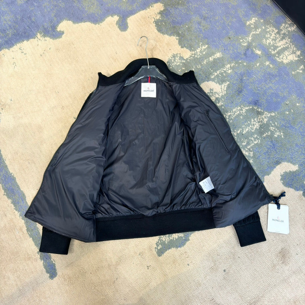 Moncler Black Down Hybrid Knit Jacket Striped Sleeves