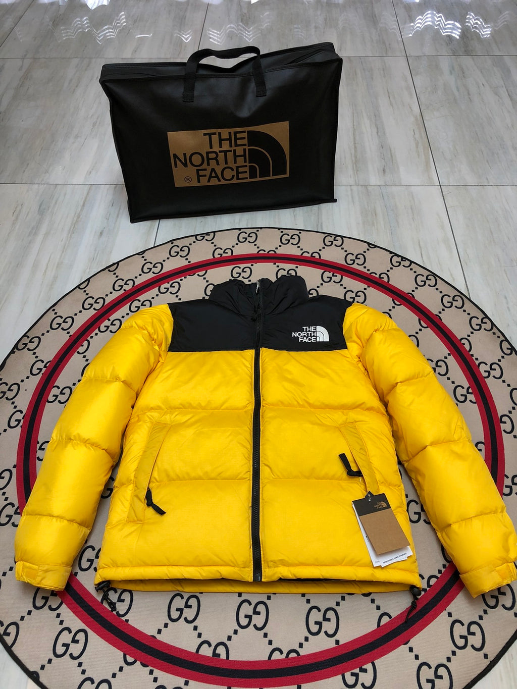 The North Face Yellow Nuptse 700-Fill Down Jacket Black Colorblock