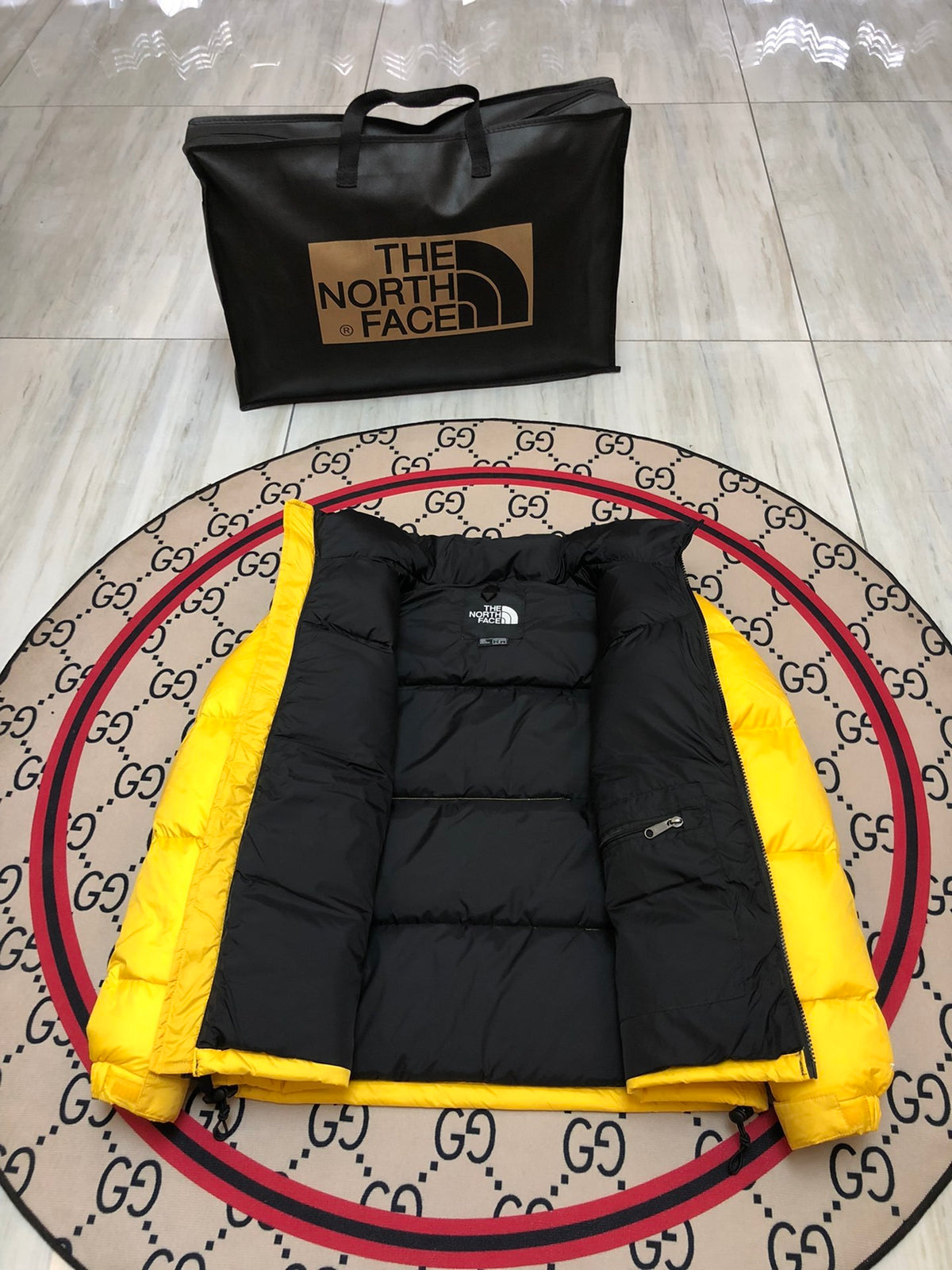 The North Face Yellow Nuptse 700-Fill Down Jacket Black Colorblock
