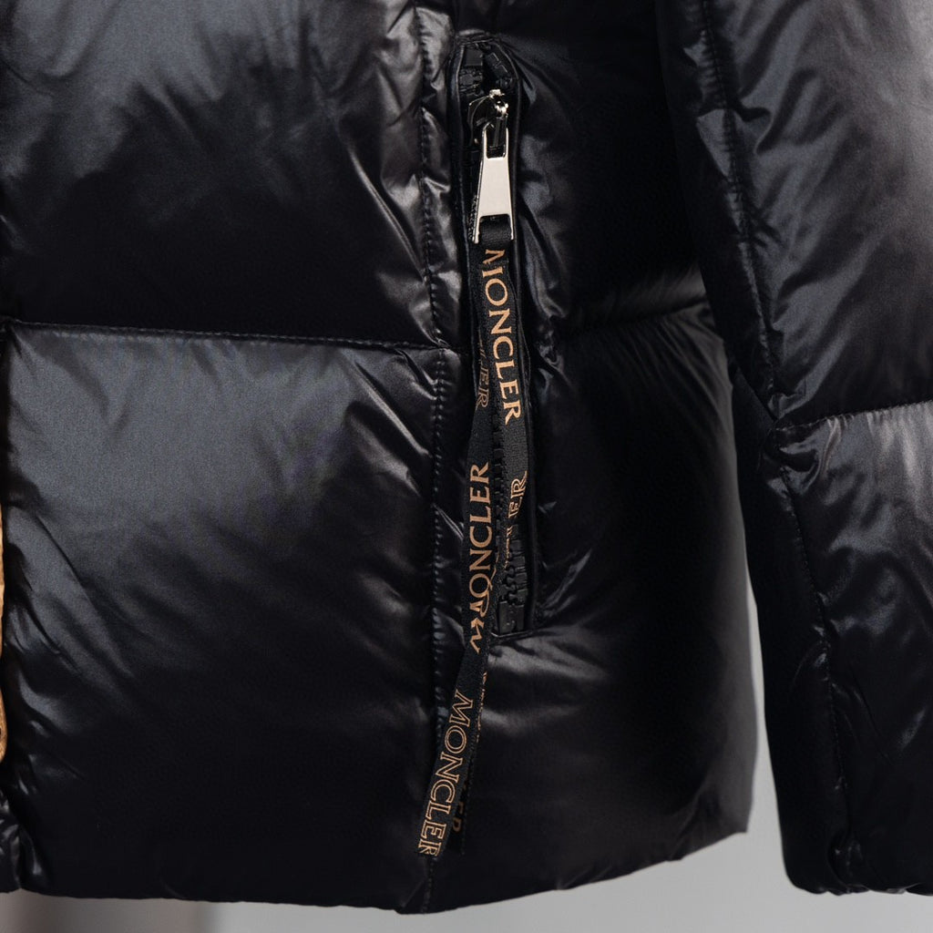 Moncler Black Glossy Down Jacket Camel Hood Gold Logo Zip