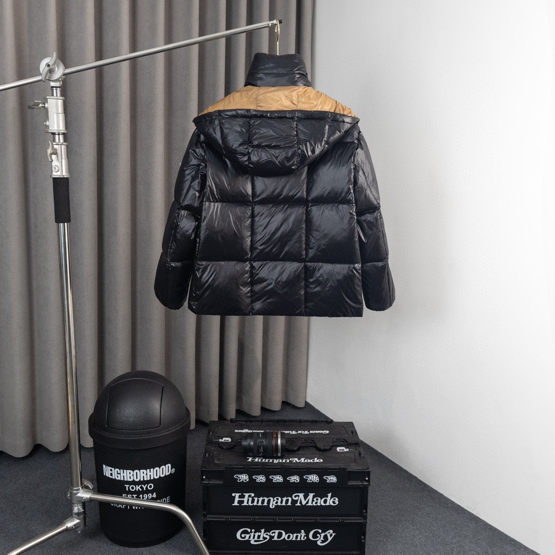 Moncler Black Glossy Down Jacket Camel Hood Gold Logo Zip