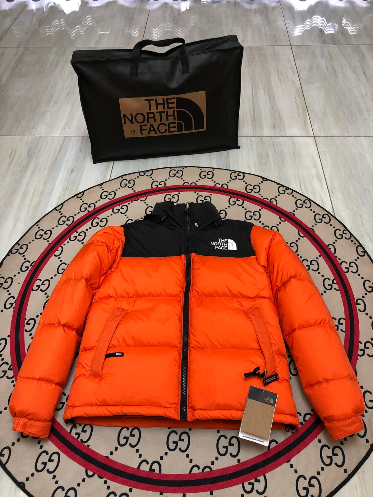 The North Face Orange Nuptse 700-Fill Down Jacket Black Colorblock