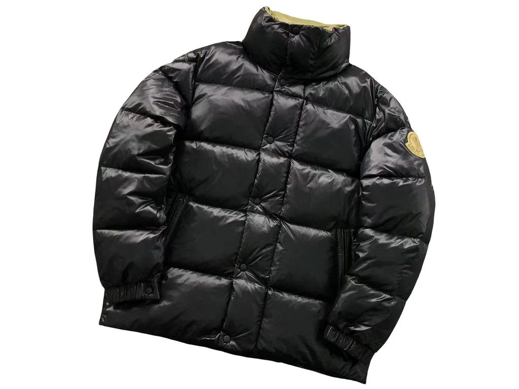 Moncler Black Glossy Gold Badge Snap-Front Down Jacket