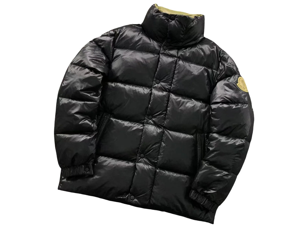 Moncler Black Glossy Gold Badge Snap-Front Down Jacket