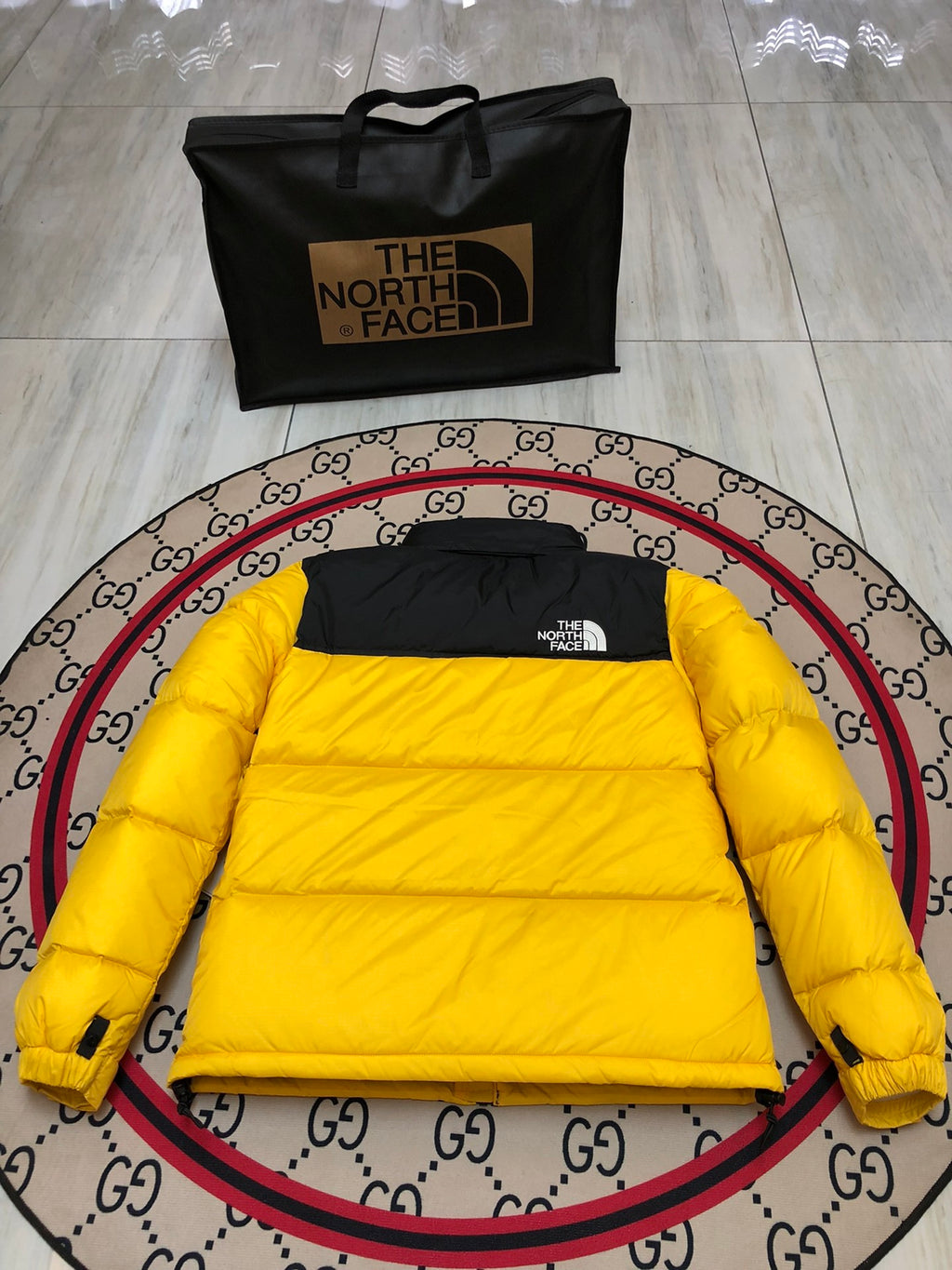 The North Face Yellow Nuptse 700-Fill Down Jacket Black Colorblock