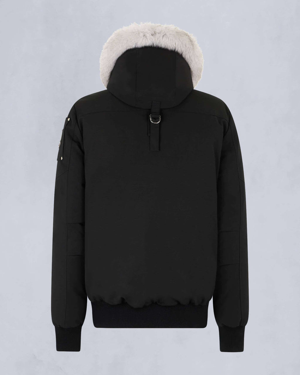 Moose Knuckles Black Ballistic Bomber Jacket with White Fur Trim