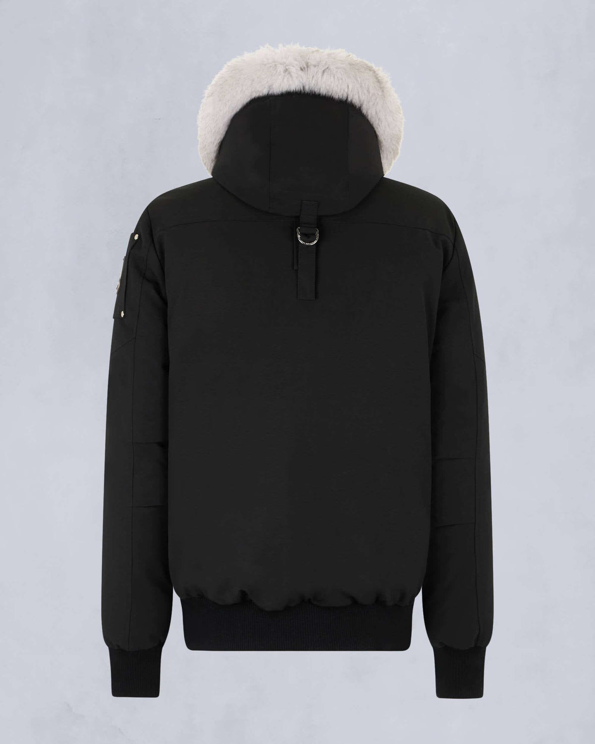Moose Knuckles Black Ballistic Bomber Jacket with White Fur Trim