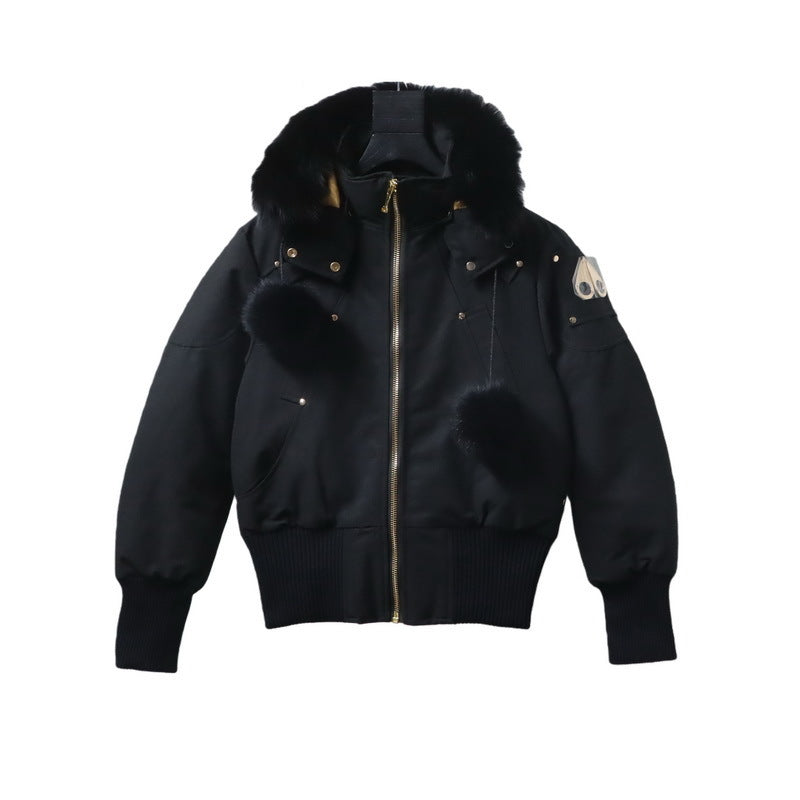 Moose Knuckles Black Ballistic Bomber Jacket with Fur Trim