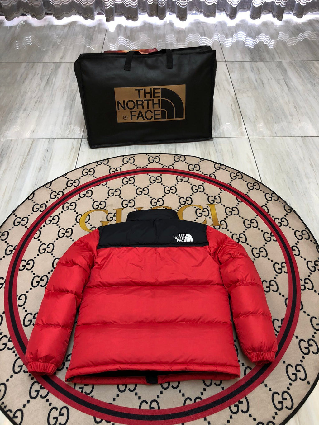 The North Face Red Nuptse 700-Fill Down Jacket Black Colorblock