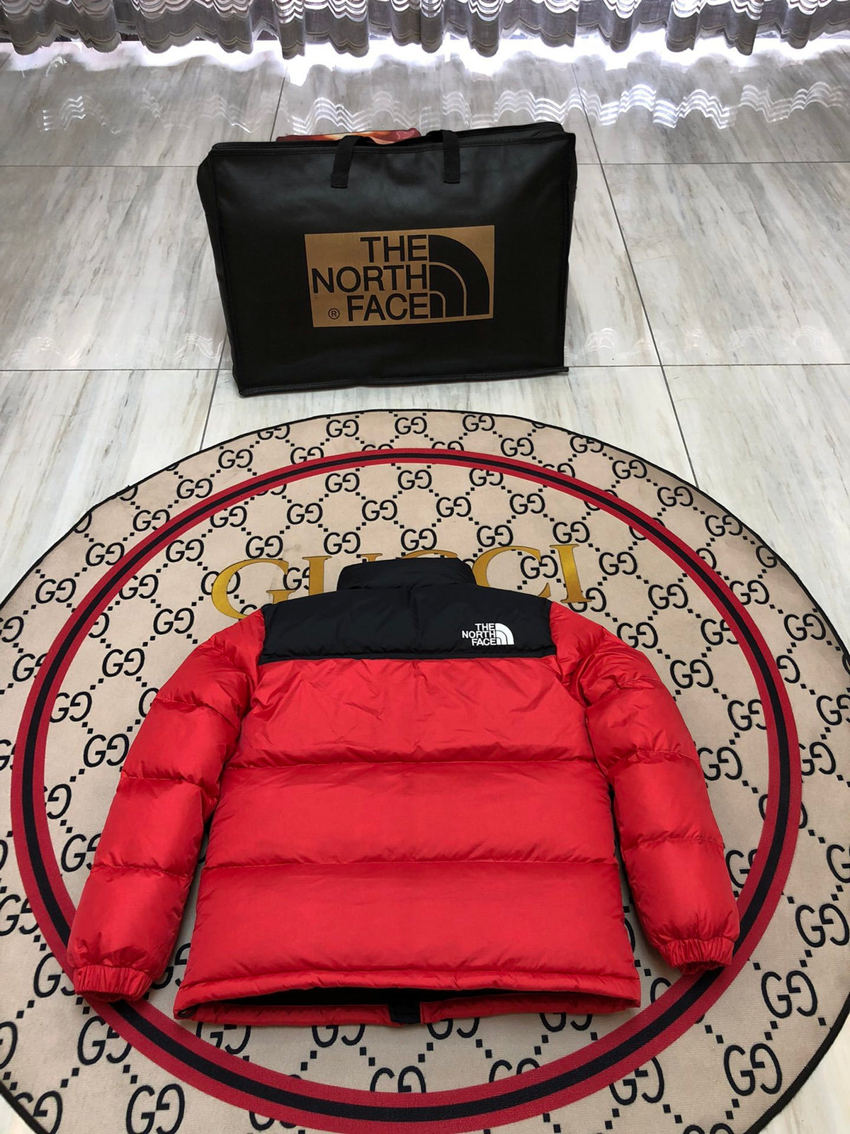 The North Face Red Nuptse 700-Fill Down Jacket Black Colorblock